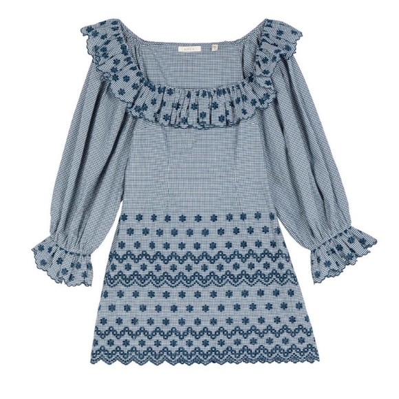 NWT Doen Franique Cotton Ruffle Eyelet Long Sleeve Dress Azure Paris Gingham - Picture 13 of 14